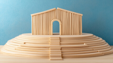 Wood stick inventions, A vibrant image of a grand amphitheater crafted entirely from popsicle sticks, showcasing high fidelity details.