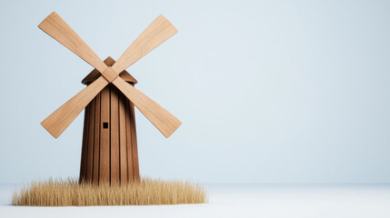 Poster - Wood stick inventions, A tiny wooden windmill in a photorealistic style, high fidelity, perfect for stock image use.