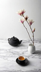 Wall Mural - Minimalist Elegance: A clean, modern tea arrangement on a white stone surface, with a single branch of magnolia flowers, matte black teaware, and subtle greenery for a Zen-inspired look.