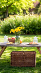 Wall Mural - A peaceful garden setting with picnic baskets, glass jars filled with spring flowers, and a spread of seasonal fruits, cheese, and freshly baked pastries.