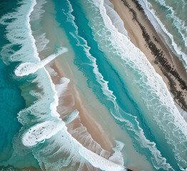 Summer seascape beautiful waves,blue sea water in sunny day.Top view from drone.Sea aerial view,amazing tropical nature.Beautiful bright sea waves splashing and beach sand sunset light.generative ai