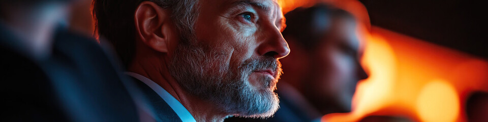 Wall Mural - Profile of Bearded Man in Dark Suit with Out-of-Focus Background