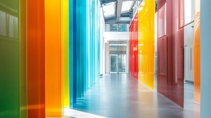 Poster - Colorful glass panels line modern building hallway