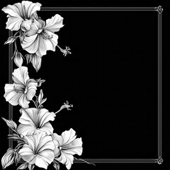 Wall Mural - Elegant Monochrome Hibiscus Floral Frame: A Black and White Botanical Illustration