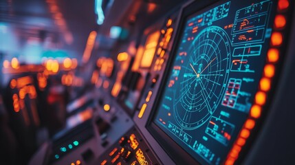 Glowing digital radar screen, control panel, navigation.