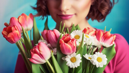 Wall Mural - Extreme close up portrait of a woman holding a bouquet of spring flowers, with tulips and daisies, soft pastel tones around her.