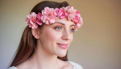 Wall Mural - Extreme close up portrait of a woman with a pink floral headband, her eyes sparkling with joy, surrounded by soft pastel tones.