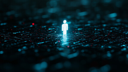 Aufkleber - glowing figure stands in digital landscape, surrounded by abstract patterns