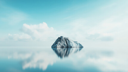 Wall Mural - minimalist fisheye view capturing glacial iceberg, mirroring calm seascape beneath soft cloudscape, 
