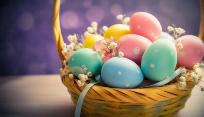 Wall Mural - Extreme close up of an Easter basket overflowing with painted eggs, ribbons, and small flowers, with a soft, ethereal light highlighting the details.