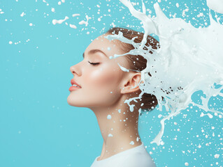 Aufkleber - woman with closed eyes is splashed with milk against blue background