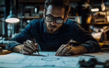 Man creating architectural plans in a well-lit workshop during evening hours