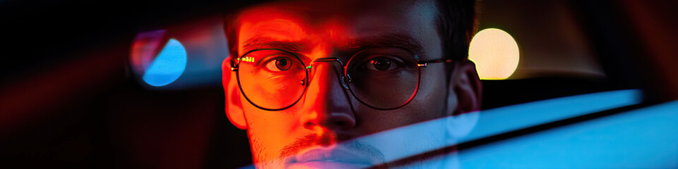 Wall Mural - Close-up Portrait of Man in Round Glasses with Red and Blue Lighting