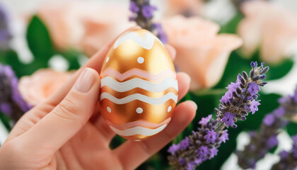 Wall Mural - Extreme close up of a woman's hand holding an Easter egg decorated with gold accents, surrounded by soft pink roses and lavender.