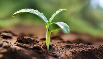 Wall Mural - Extreme close up of a green plant sprouting from the soil, with morning dew on the leaves, soft sunlight illuminating the tiny droplets.