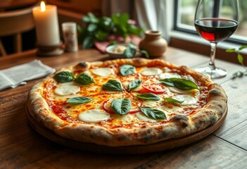 Wall Mural - Warm and inviting still life of a pizza with a rustic background