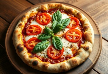 Wall Mural - Professional food photo of a partially sliced pizza with a rustic background