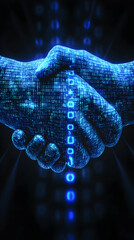 Digital handshake, binary code, collaboration, dark background, tech concept