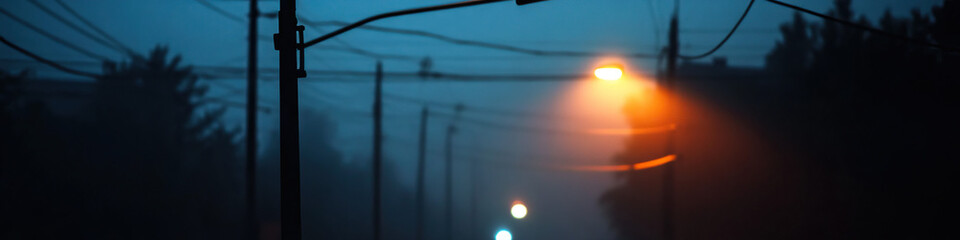 Wall Mural - Foggy Night Street Scene with Streetlights and Power Lines