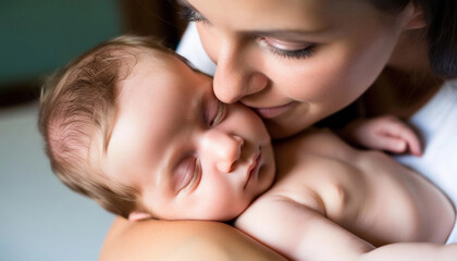 Wall Mural - Extreme close up of a mother looking down at her baby, her eyes filled with love and joy as the baby rests peacefully in her arms.