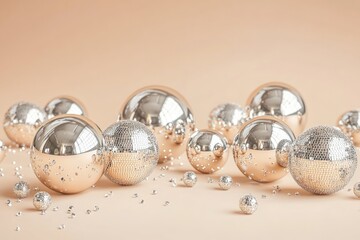 Wall Mural - cluster of disco balls reflecting light and creating a sparkling pattern on a neutral background