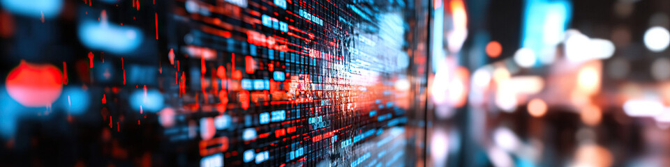 digital data stream and blurred night cityscape