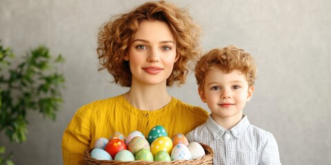 Mother and son easter celebration indoor home family portrait bright environment close-up joyful moments