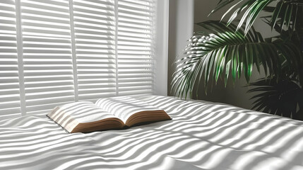 Wall Mural - Book on bed, sunlit room, plant