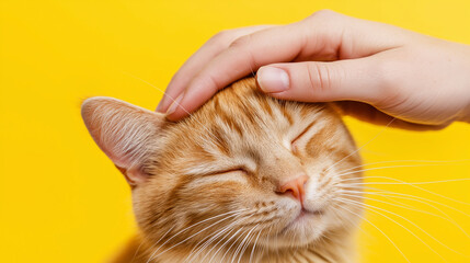 A ginger cat with closed eyes enjoying a gentle head pat from a human hand against a vibrant yellow background.