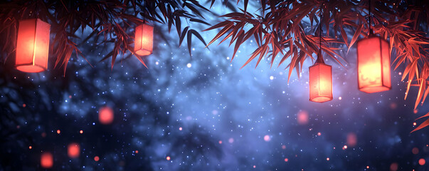 Poster - Night garden lanterns bamboo fantasy