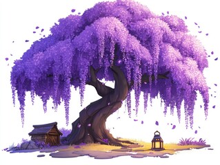 Wall Mural - Purple flower tree, hut, lantern, ground. Decoration