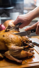 Wall Mural - Extreme close up of a person's hand carving a turkey with a sharp knife, the steam rising from the freshly cooked meat.