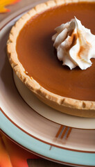 Wall Mural - Extreme close up of a pumpkin pie, with whipped cream and a cinnamon dusting, sitting on a fall-themed plate.