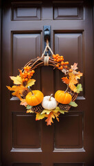 Sticker - Extreme close up of an autumn wreath on a front door, adorned with small pumpkins, leaves, and acorns, welcoming guests to a Thanksgiving feast.