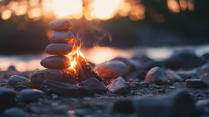 Poster - Stacked stones near a sunset campfire