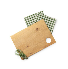 Wall Mural - Cutting board with rosemary and towel isolated on white, top view