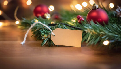 Wall Mural - extreme close up of an empty gift tag on a wooden table, surrounded by pine branches, twinkling fair