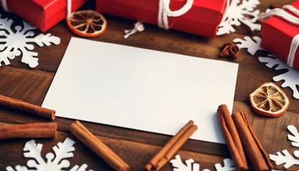 Sticker - Close up of a blank Christmas card on a rustic wooden table, with snowflakes scattered around, a few cinnamon sticks, and tiny gift boxes nearby.