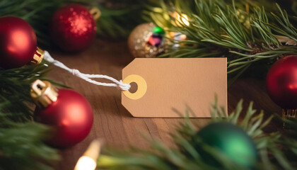 Wall Mural - extreme close up of an empty gift tag on a wooden table, surrounded by pine branches, twinkling fair