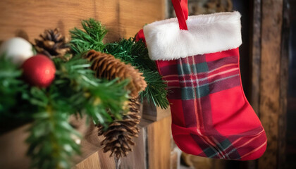 Wall Mural - extreme close up of an empty christmas stocking hanging on a rustic mantelpiece, with a few decorati