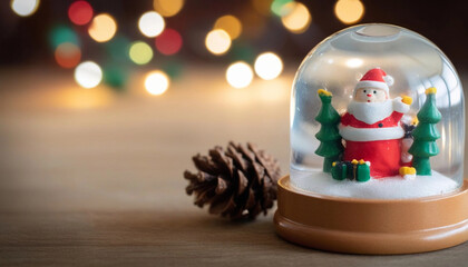 Wall Mural - extreme close up of an empty snow globe on a wooden surface, with a few scattered pine cones, holly 