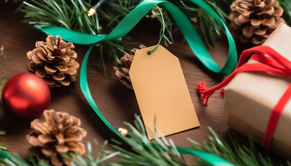 Wall Mural - close up of a blank christmas gift tag next to a wrapped gift box, with red and green ribbons, pine 