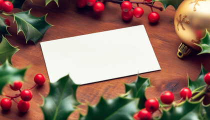 Sticker - Extreme close up of a blank Christmas card on a rustic wooden table, surrounded by red berries, holly leaves, and gold ornaments.