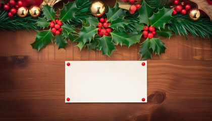Wall Mural - extreme close up of a blank christmas card on a rustic wooden table, surrounded by red berries, holl