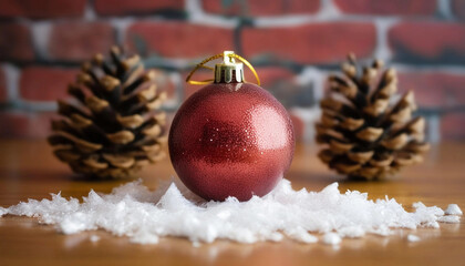 Wall Mural - extreme close up of a christmas bauble resting on a wooden table, surrounded by pine cones and a tou