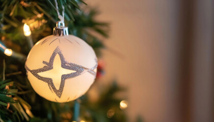 Wall Mural - close up of an empty christmas tree ornament hanging from a string, surrounded by pine branches and 