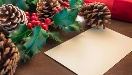 Sticker - Extreme close up of a blank holiday letter on a table, with festive decorations like pine cones and holly sprigs scattered around.