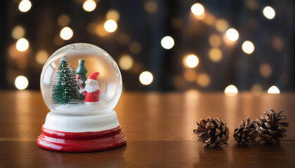 Wall Mural - extreme close up of an empty snow globe resting on a wooden table, with a few pine cones, sprigs of 