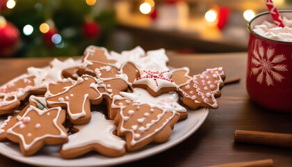 Wall Mural - Close up of a plate of gingerbread cookies, decorated with icing and sprinkles, with a festive mug of hot cocoa sitting next to it.