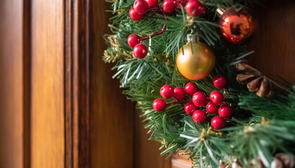 Wall Mural - extreme close up of a christmas wreath on a wooden door, with pine needles, red berries, and sparkli